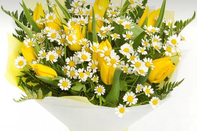 Bouquet per la Festa della Donna con tulipani e margheritine